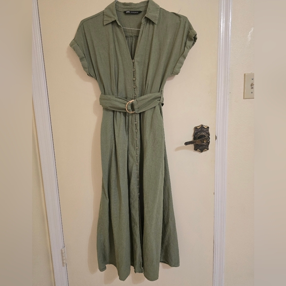 Zara Green Linen Blend Belted Midi Dress Size: XS - Picture 3 of 5